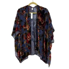 NWT’s Blue Dark Rose Floral Burnout Velvet Kimono Shawl Robe Charming Charlie