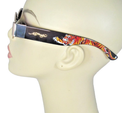 ED HARDY Gold & Black Geometric Rims Sunglasses Vintage Tiger Fire Tattoo Art