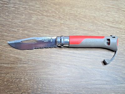 Opinel No.8 Outdoor Knife, With Whistle & Shackle Key, Red/Gray Polymer Handle