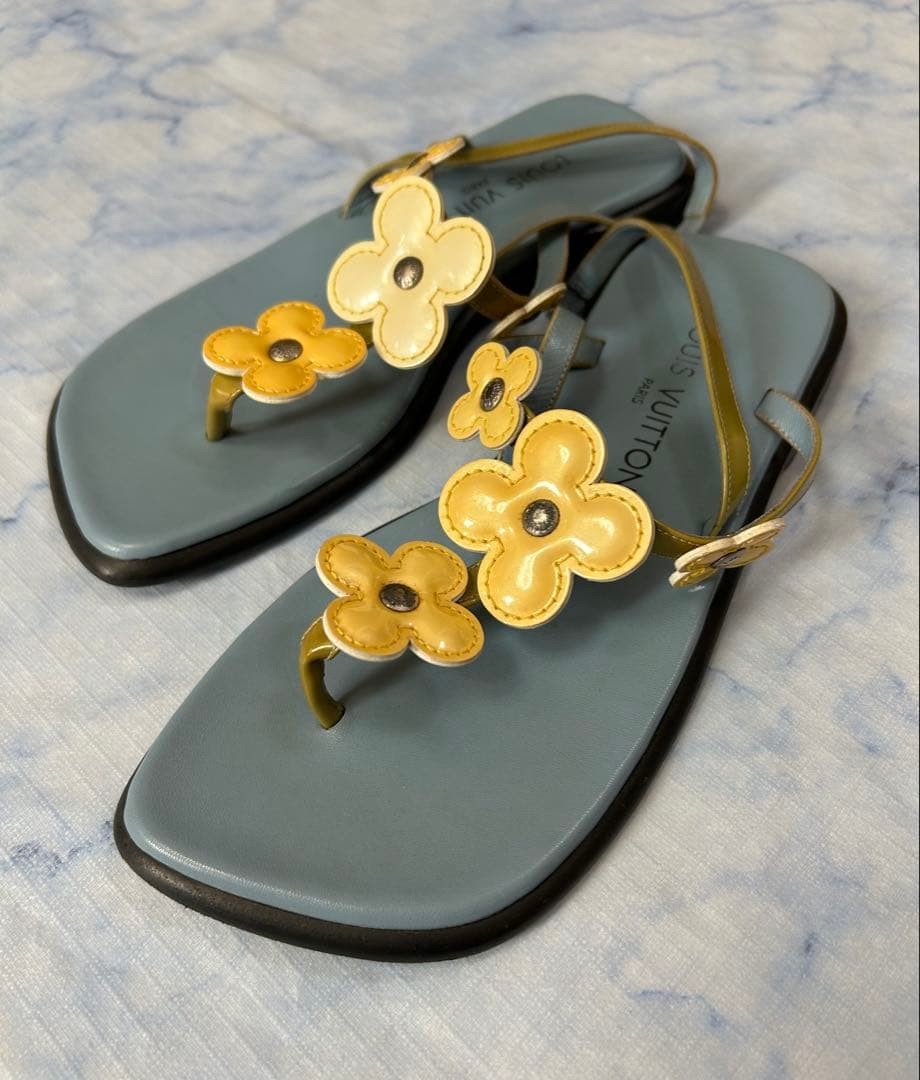 Louis Vuitton Flower Embellished Thong Sandals Size EU35.5 US5.5 Blue Gold