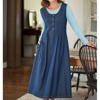 Vermont Country Store Womens Denim Dress Pintuck Henley Midi M Blue Cottagecore