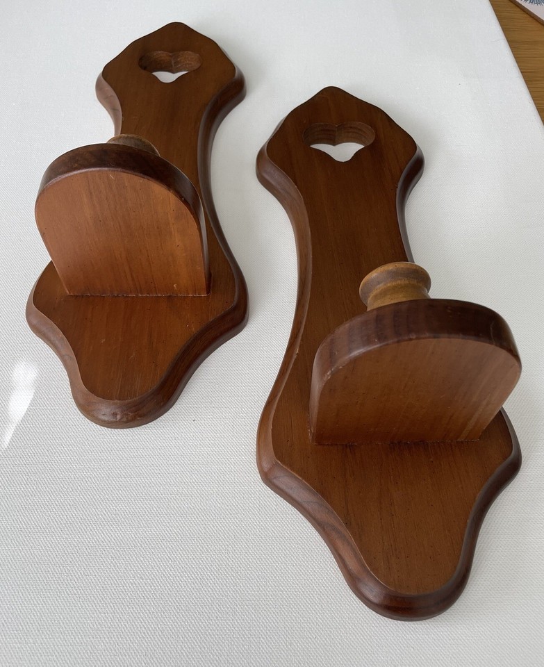 Pair Vintage Wood Wall Sconce Candle Holder Heart Shabby Chic Made in