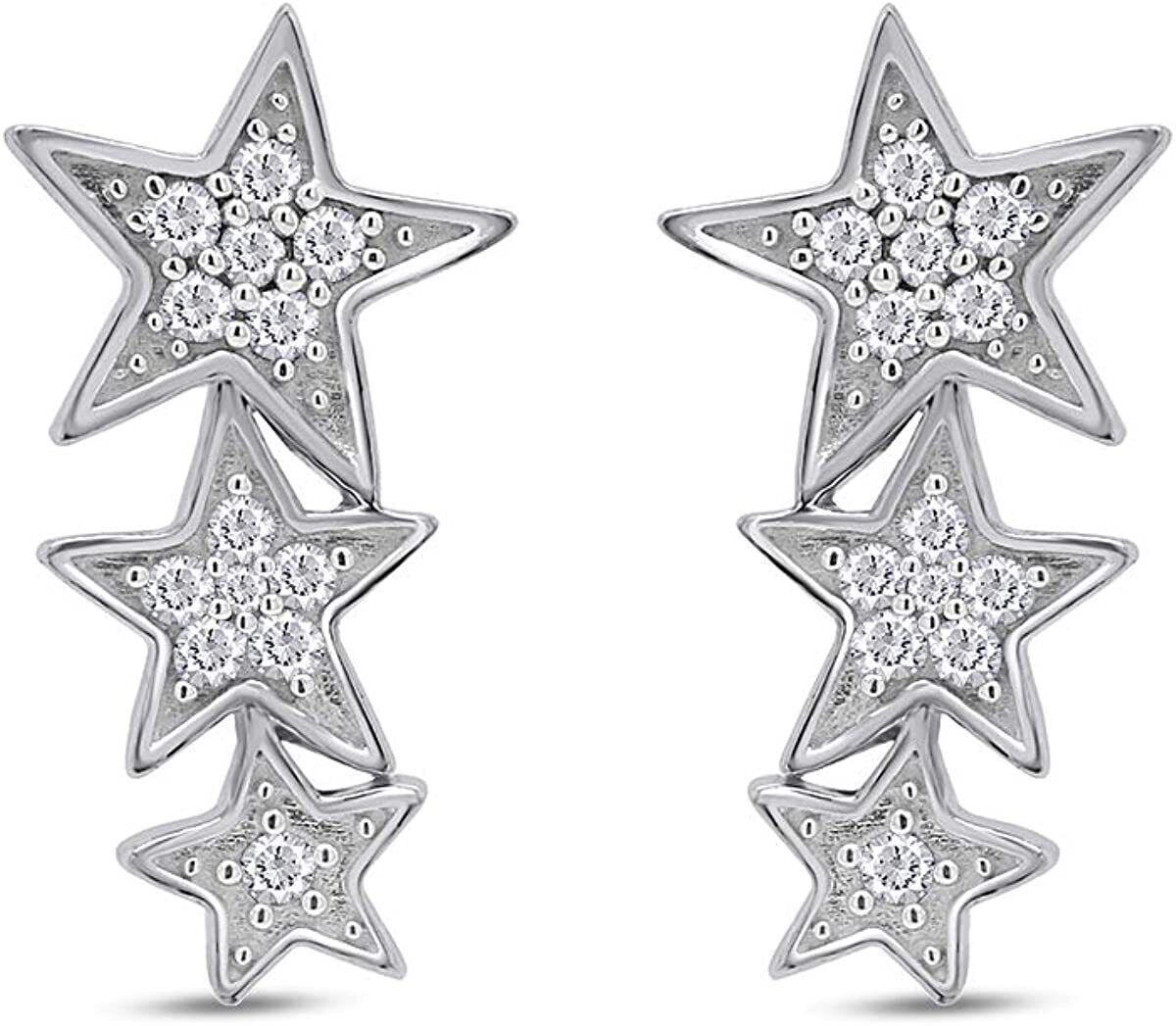 1/4ct Real Diamond Delicate Celestial Star Crawler Stud Earrings Sterling  Silver