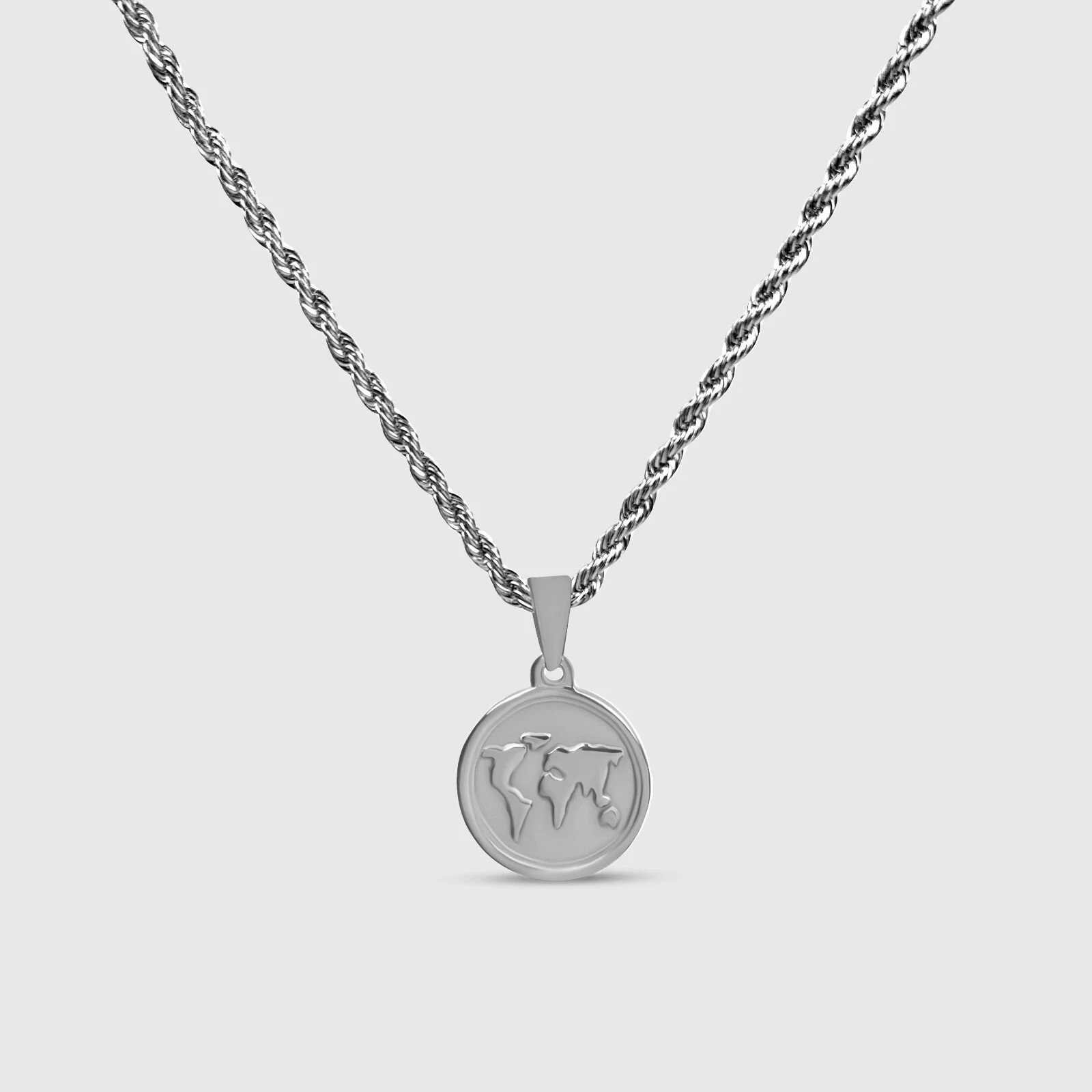 Collier pendentif carte du monde argent acier inoxydable corde chaîne collier bijoux