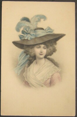 M.M. Vienne, Max Munk, Lady in hat with blue feathers and ribbon, unposted