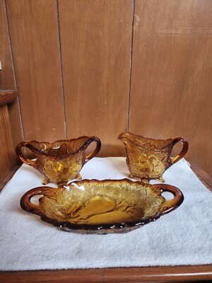 Vtg. Indiana Amber Glass Sweet Pear Footed Creamer- Sugar Bowl & Serving Dish