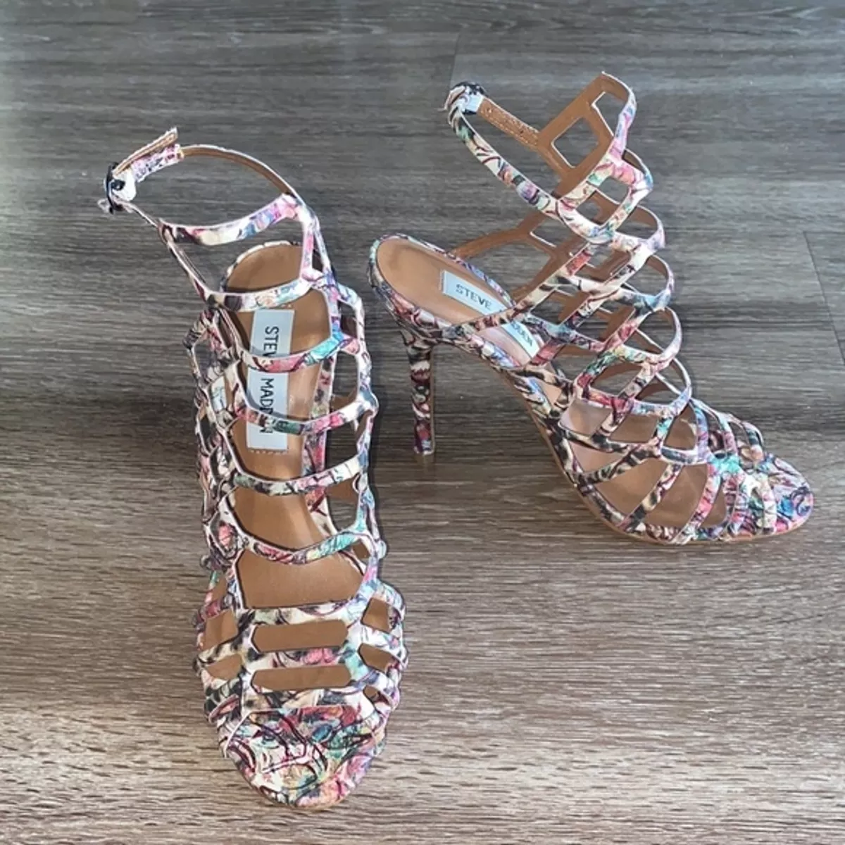 STEVE MADDEN Slithur Caged Heels Floral Color Multi Print
