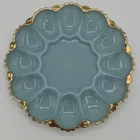 Vintage Anchor Hocking Fire-King Blue Milk Glass Deviled Egg Plate w Gold Trim