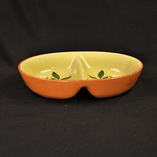 Stangl Magnolia Divided Oval Bowl Hand Painted Maroon Yellow Green Engobe 1955