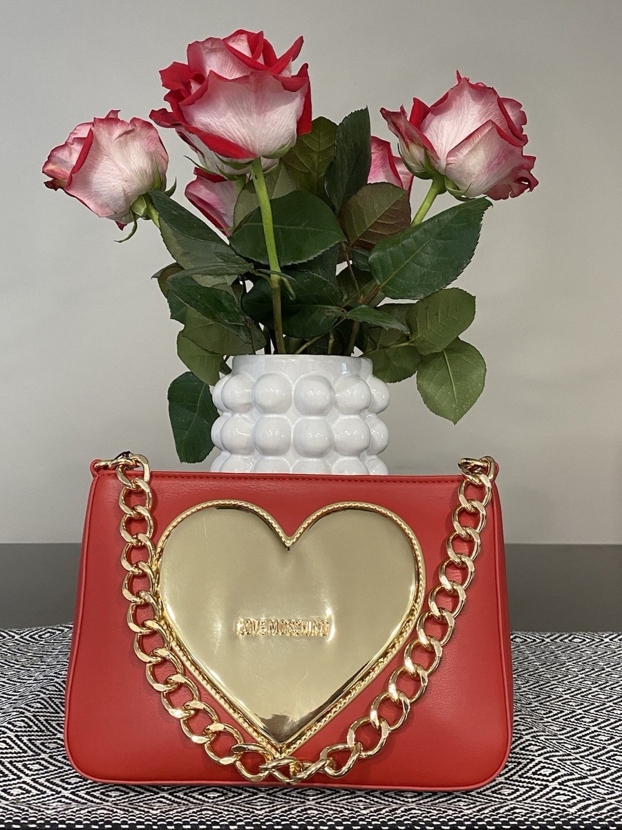 LOVE MOSCHINO ️ Red Gold Heart Motif Women's Crossbody Bag for