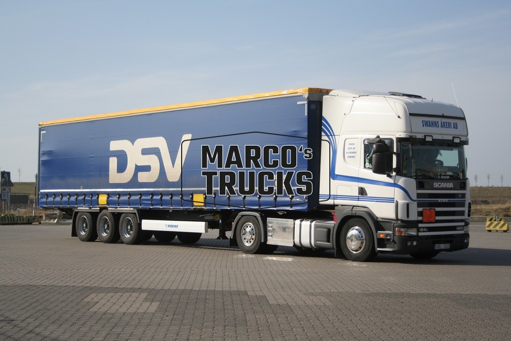 Truck photo Scania 124L 420 tarpaulin trailer Sweden white DSV, SWAHNS ÅK  #d1ou