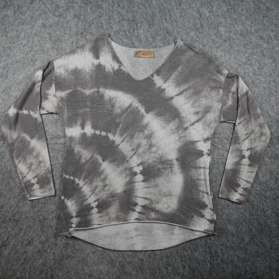 Free For Humanity Top Women Large Gray Tie Dye V Neck Silver Trim Made In Italy