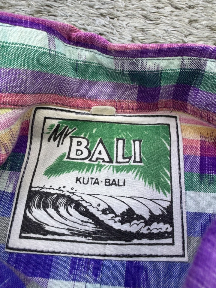 Vtg Kuta Bali Shirt Men Large Pastel Watercolor Linen Striped Button Down 70s - Image 3 of 4