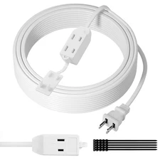 2 Prong Extension Cable 15 Feet, Extra Long Power Cord with 3 Outlets, Flat