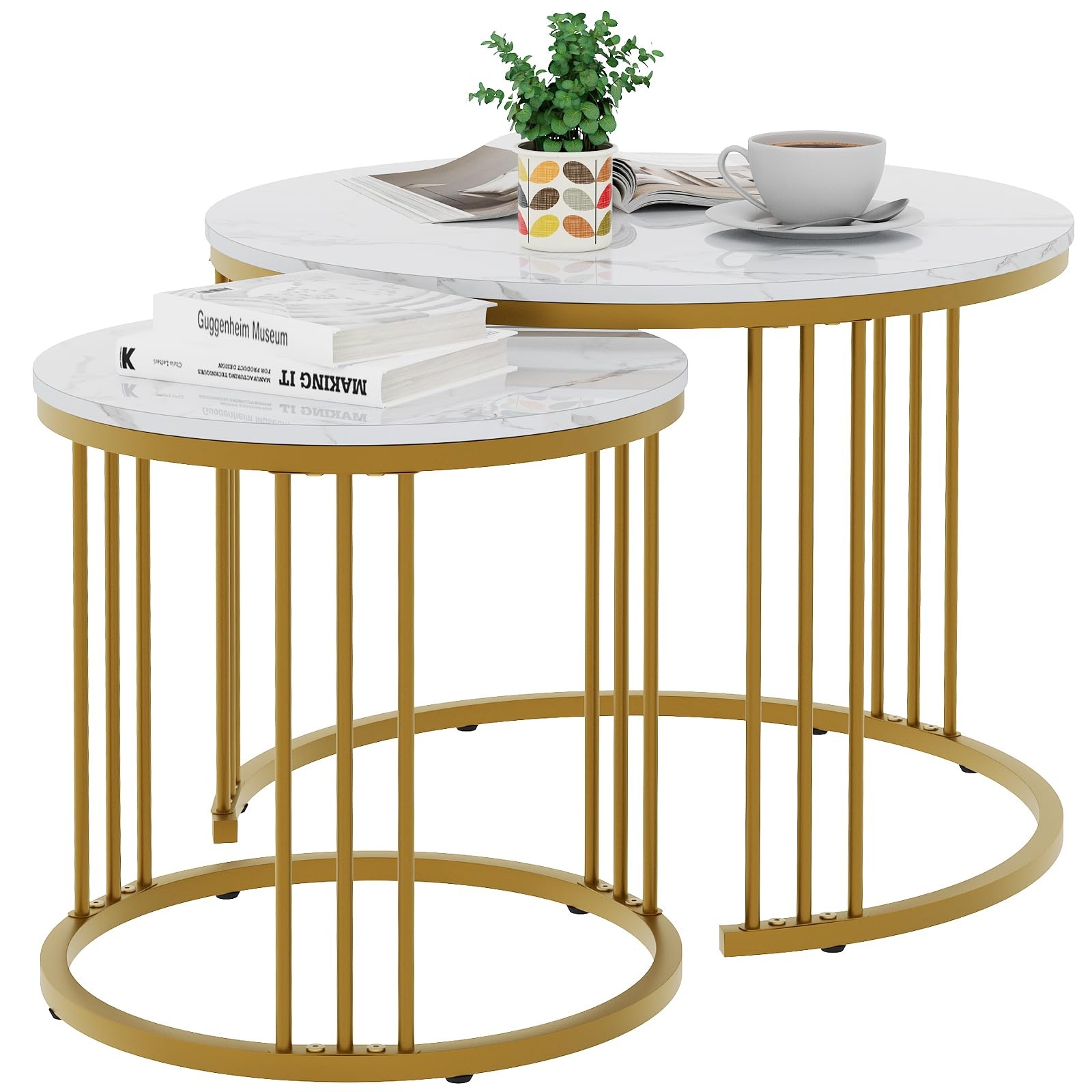 Coffee Table Faux Marble Nesting Table for Small Place 2 Sets Modern Furnitur...-image