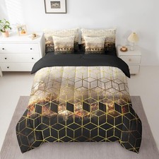 Gold Black Comforter Set with Sheets Full Size Geometric Luxury 7 Piece Bedding