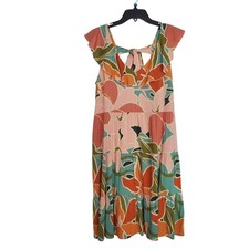 Tiered Midi Dress Abstract Floral Print Square Neck Tie Back Earth Toned Pink Md