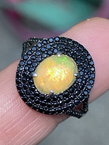 Ethiopian Opal Oval with Double Black Spinel Halo 925 Sterling Ring 8 - Picture 10 of 11