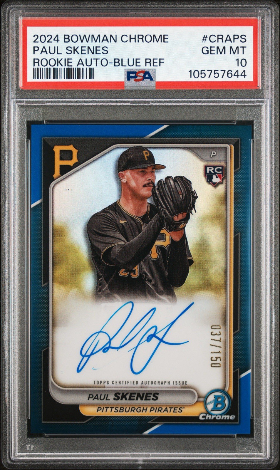 2024 Bowman Chrome Paul Skenes Auto RC Rookie True Blue Refractor /150 PSA 10