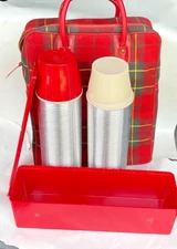 Vintage Aladdin Picnic Set Thermos Bottles & Lunch Box Red Tartan Plaid Tote Bag