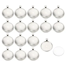 30 Sets Pendant Trays with Glass Cabochons 30mm Round Bezel Trays Silver White