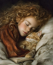 8x10 Cozy Storybook Girl with Curly Hair Art Print Cottagecore - 397279170