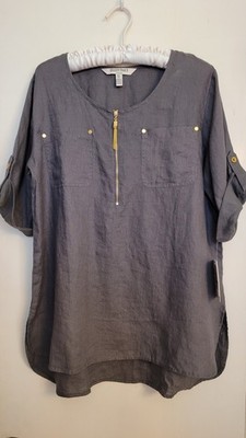 Ellen Tracy NWT Size Large Gray Linen Tunic Quarter Zip Minimalist Officewear