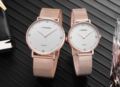 Paar 2er Set Armbanduhren Longbo 5113 Herren Damen Quarz Milanaise Rosa Go lac