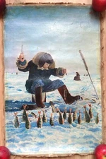RARE vintage Oil Painting USSR soviet Socialist realism winter fishing fish man
