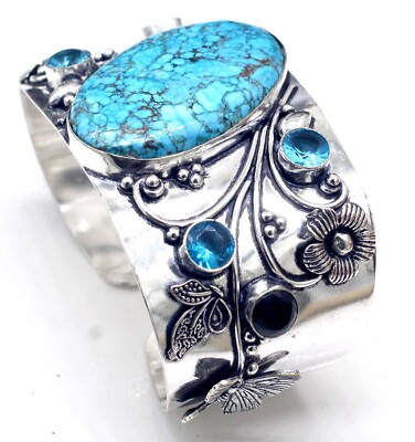 925 Sterling Silver Turquoise & Gem Topaz Jewelry Cuff Bracelet