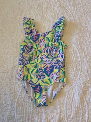 Girls one piece Swimsuit Tropical Floral Ruffled ~ Girls S 6-6X ~ Excellent
