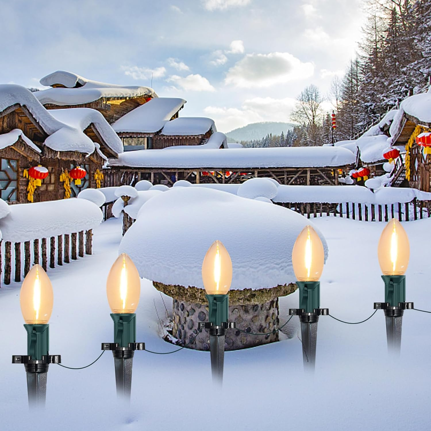 38FT Christmas String Lights C9 Outdoor Yard Decorations with Pathway Marker Sta