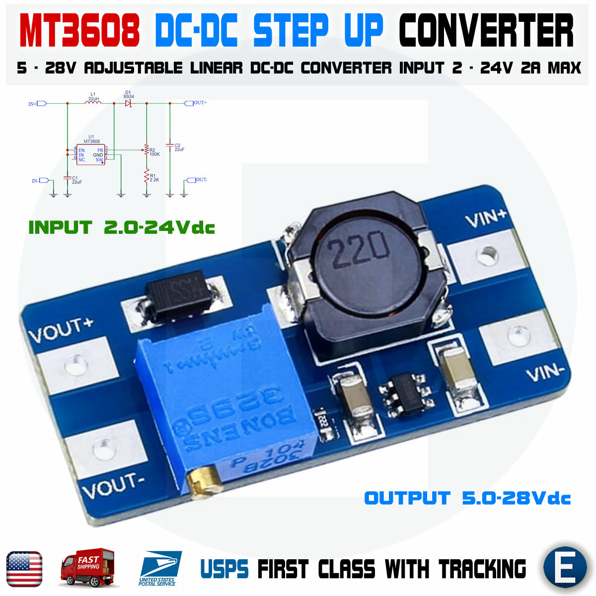 MT3608 DC-DC Step-Up Boost Converter Module 2A Max | Adjustable Power