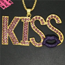 Purple Bling KISS Lipstick Crystal Fashion Women Pendant Chain Necklace Gift
