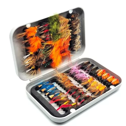 Trout Salmon Fly Fishing Flies Assortment Tackle box with 64 Fly Fishing Flies