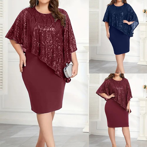 Plus Size Sexy Women Sequin Short Sleeve Bodycon Party Midi Dress Cocktail Dress