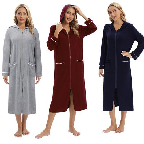 Women'Hooded Zipper Bathrobe Spa Long Sleeve W/Pockets Sleepdress Nightie S-2XL - Picture 2 of 26