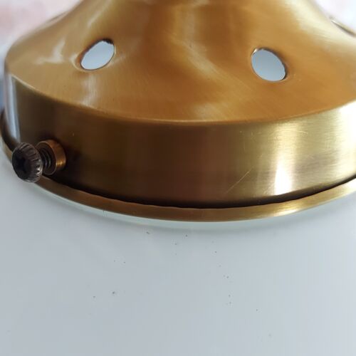 VINTAGE ART DECO OPALINE WHITE GLASS CEILING PENDANT LIGHT SHADE & BRASS GALLERY - Picture 3 of 12
