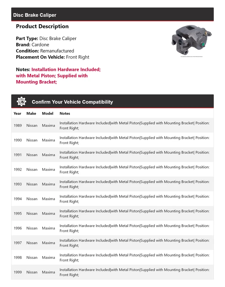 Pinza de freno de disco delantera derecha cardone 1990 1991 para Nissan Máxima 1989-1999 Foto 2 de 4