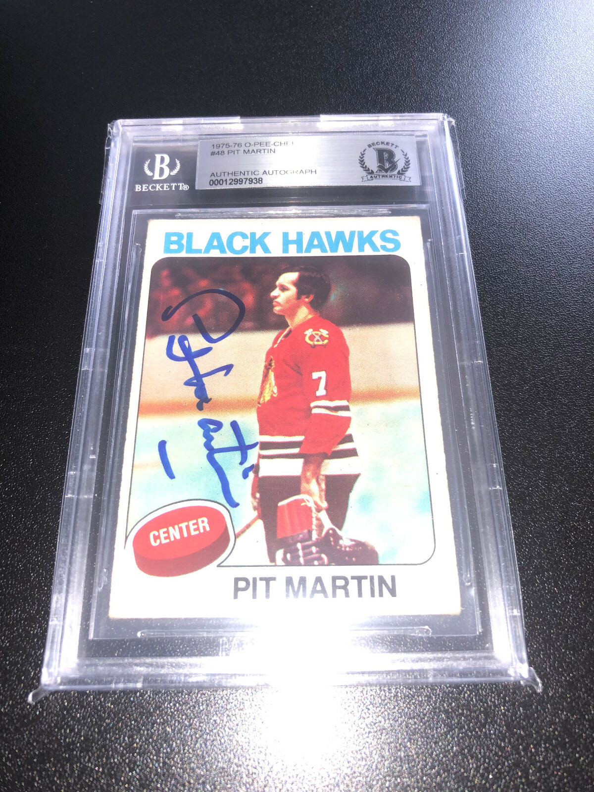Pit Martin Signed 1975-76 O-Pee-Chee OPC Card #48 Blackhawks BAS Slabbed