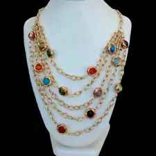 5 Strand Multi Color Cat's Eye Gold Plated Chain Layers Necklace 19"