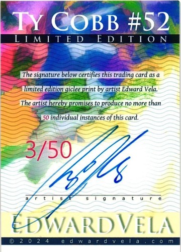 Ty Cobb 2024 Authentic Artist Signed Limited Edition Card 3 of 50 - Picture 2 of 4