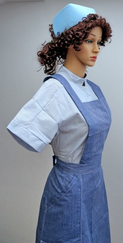 vintage Schwesternoutfit Gr. 46 gestreiftes Schwesternkleid blaue Schürze Haube - Bild 23 von 24