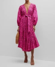 $550 Rococo Sand Women's Pink Embroidered Cutwork Self-Tie Wrap Dress Size M