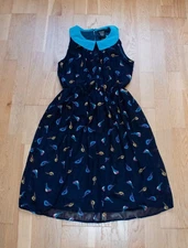 Navy Blue Bird Print Dress Vintage Retro Style Tea Day Dress Size 10 BNWT