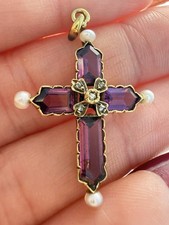 Pendentif Croix En Or 18 Carats 4 Perles  4 Pierres Violette 2,17 Gr Améthyste ?