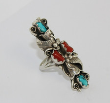 Vtg. Handmade Navajo Sterling Silver Turquoise  Coral Floral Ring Sz: 8 026WEA 