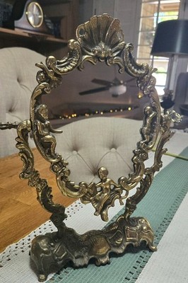 Vintage Brass Vanity Mirror with Cherubs Rococo Style Tabletop Mirror Ornate