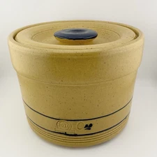 Rowe Pottery Historical 2010 Collection Butter Crock & Lid Yellow Blue Stripe