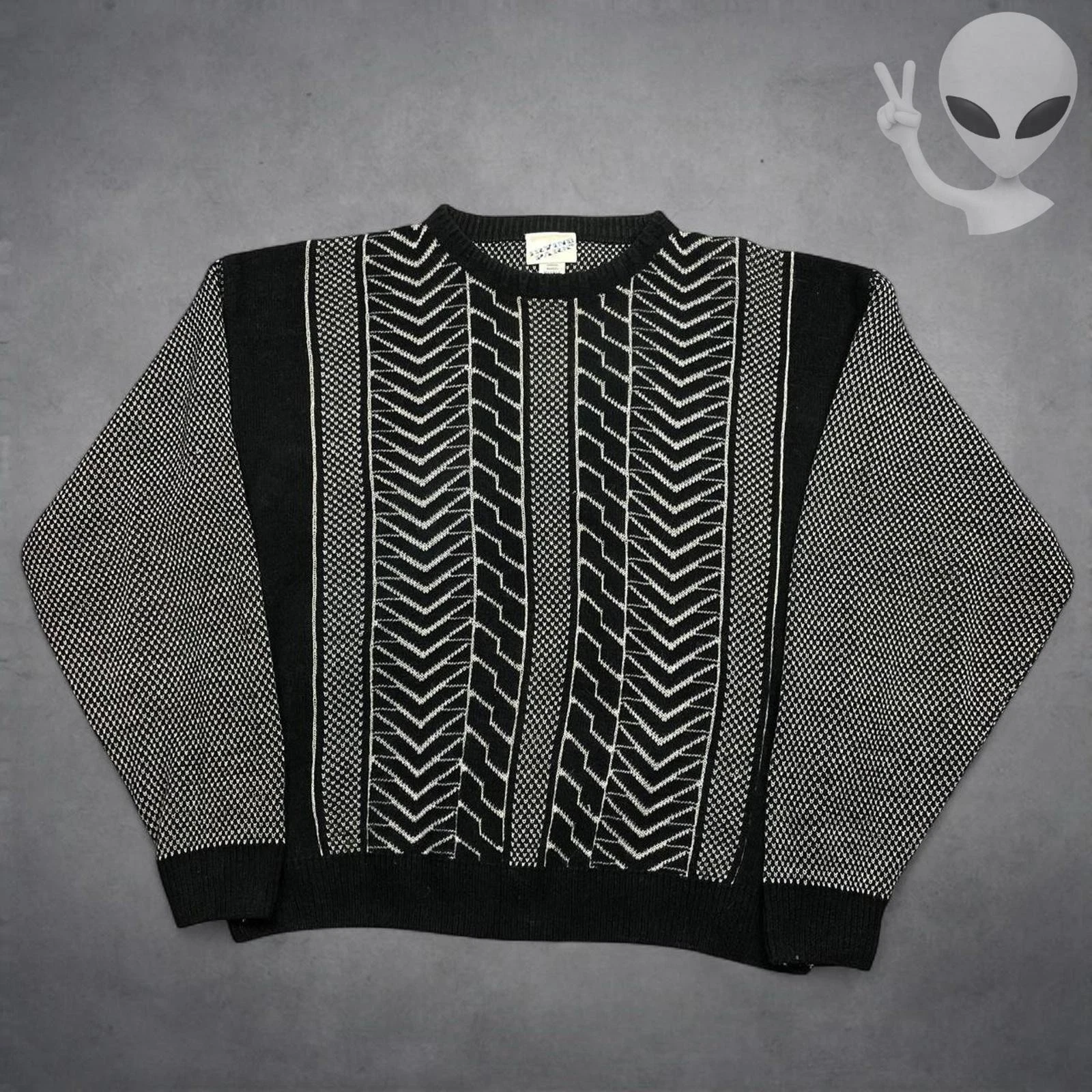 Vintage 80s Geometric Knit Sweater Mens XL Black White Abstract Cosby Gorpcore